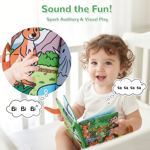 HECCEI Baby Crinkle Book with Animal Tails – Soft Cloth Sensory Toy for 0-12 Months, Jungle Tails Design, Machine Washable