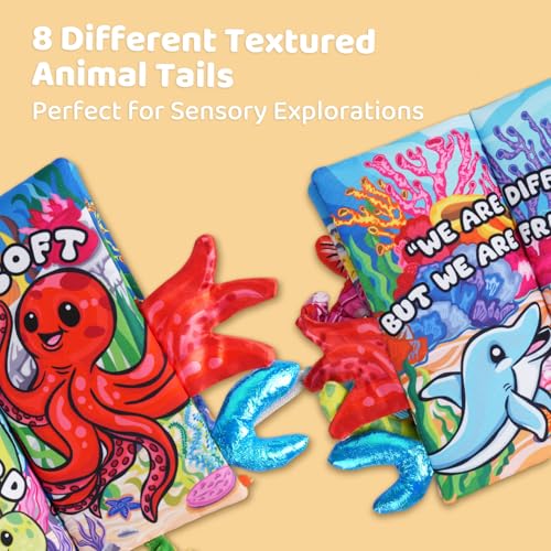 HECCEI Baby Crinkle Book with Animal Tails – Soft Cloth Sensory Toy for 0-12 Months, Jungle Tails Design, Machine Washable