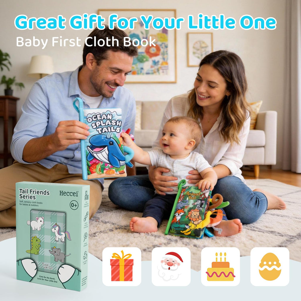 HECCEI Baby Crinkle Book with Animal Tails – Soft Cloth Sensory Toy for 0-12 Months, Jungle Tails Design, Machine Washable