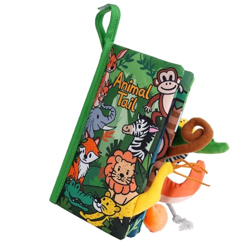 HECCEI Baby Crinkle Book with Animal Tails – Soft Cloth Sensory Toy for 0-12 Months, Jungle Tails Design, Machine Washable