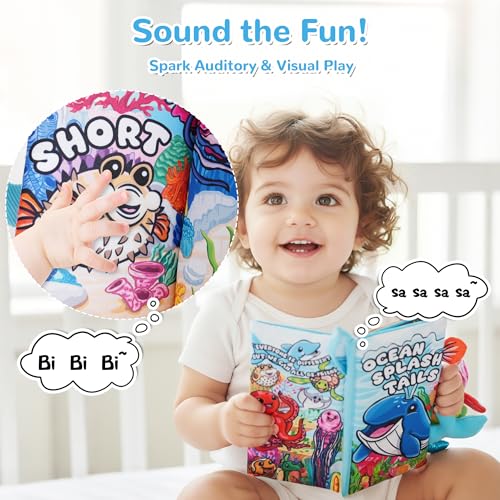 HECCEI Crinkle Book for Babies - Ocean Tails Soft Cloth Book with Textured Tails, Sensory Toy for 0-12 Months