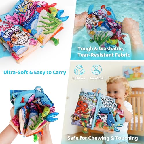 HECCEI Crinkle Book for Babies - Ocean Tails Soft Cloth Book with Textured Tails, Sensory Toy for 0-12 Months