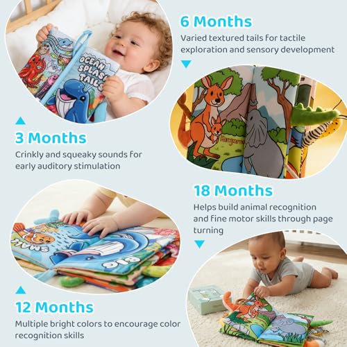 HECCEI Crinkle Book for Babies - Ocean Tails Soft Cloth Book with Textured Tails, Sensory Toy for 0-12 Months