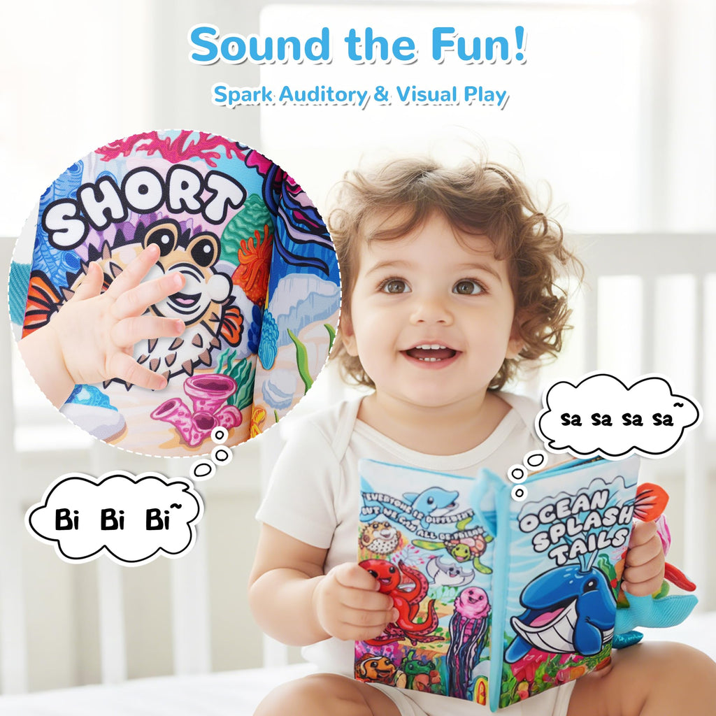 HECCEI Crinkle Book for Babies - Ocean Tails Soft Cloth Book with Textured Tails, Sensory Toy for 0-12 Months