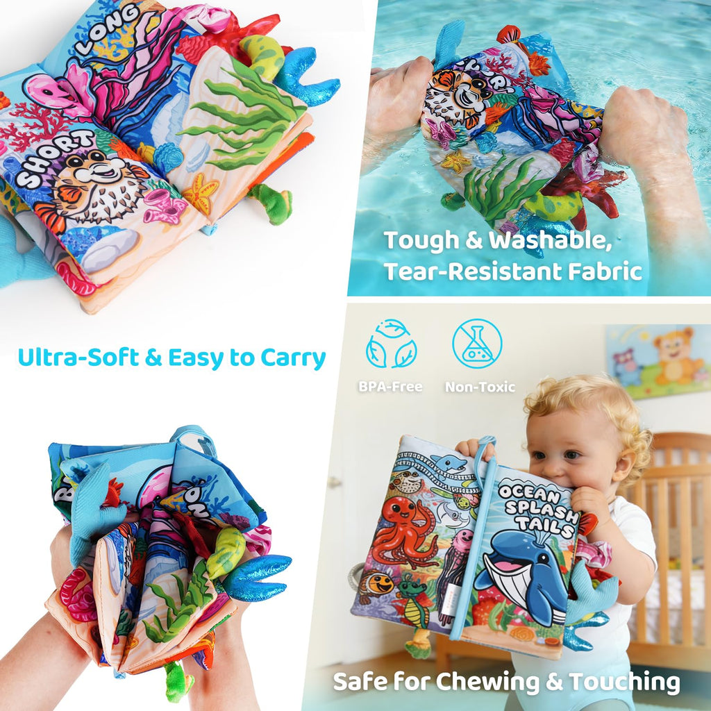 HECCEI Crinkle Book for Babies - Ocean Tails Soft Cloth Book with Textured Tails, Sensory Toy for 0-12 Months