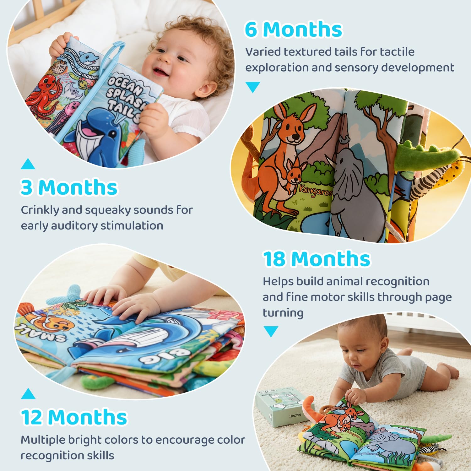 HECCEI Crinkle Book for Babies - Ocean Tails Soft Cloth Book with Textured Tails, Sensory Toy for 0-12 Months