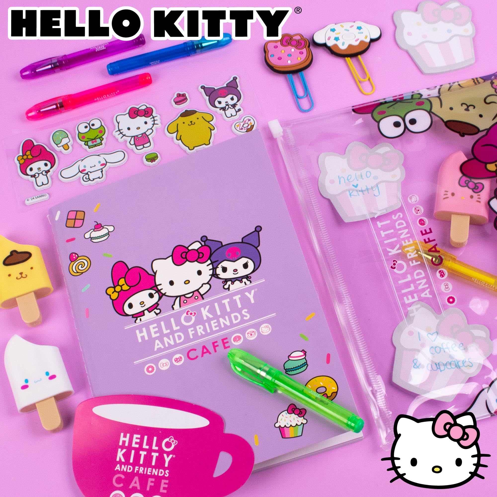 Hello Kitty & Friends Café Stationery Set - 22-Piece Kawaii School Supplies with Notebook, Stickers, Pens