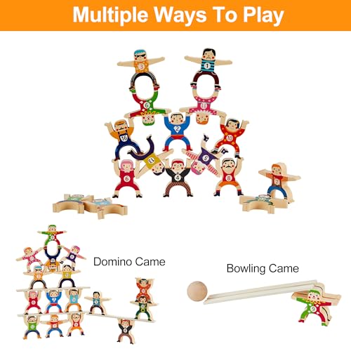 HELLO PAPAYA Wooden Stacking Toys 16-Piece Circus Balancing Blocks for Kids Ages 3+