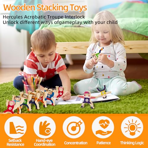 HELLO PAPAYA Wooden Stacking Toys 16-Piece Circus Balancing Blocks for Kids Ages 3+
