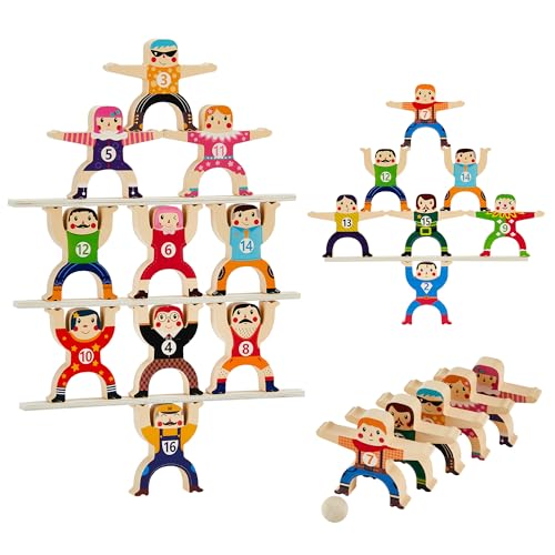 HELLO PAPAYA Wooden Stacking Toys 16-Piece Circus Balancing Blocks for Kids Ages 3+