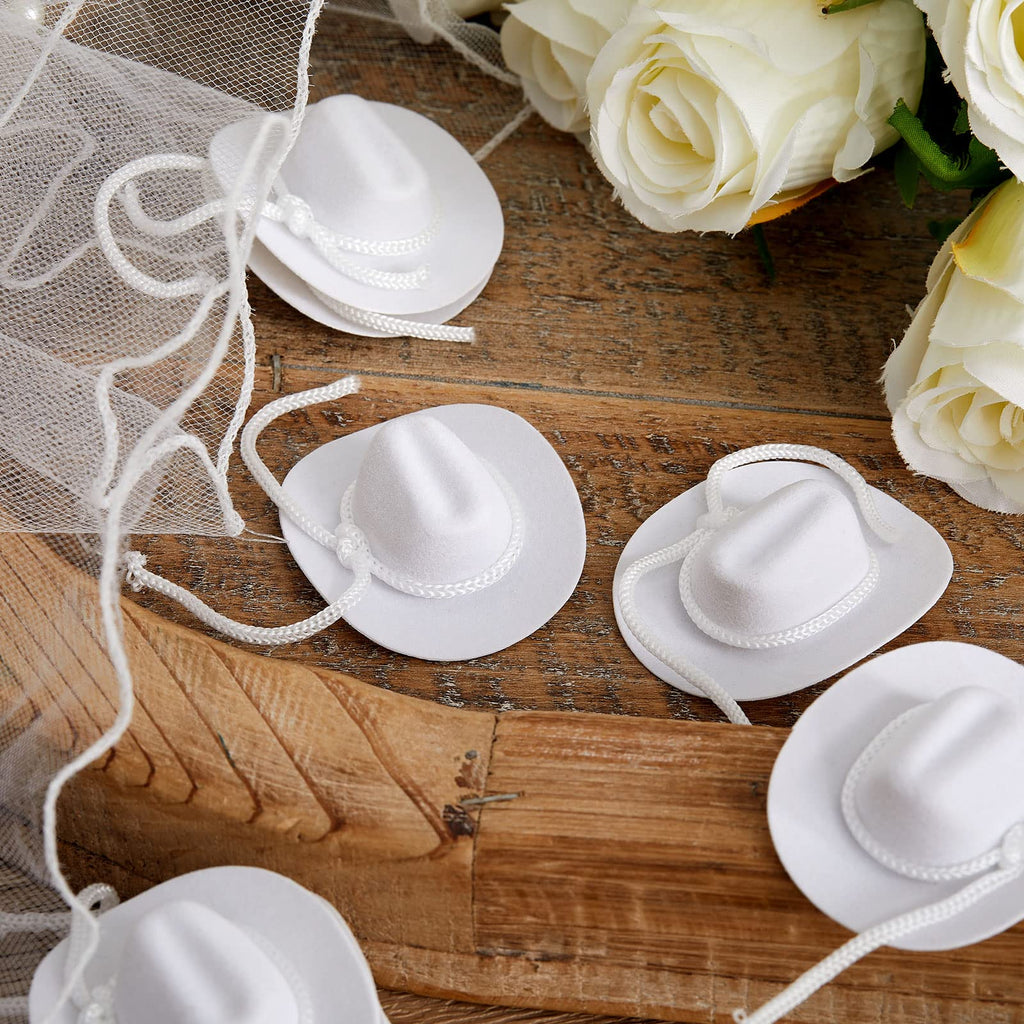 Hercicy 24 Pack Mini White Cowboy Hats for Dolls - 2 Inch Flocking Material Western Caps for Dollhouse Decor and Party Favors