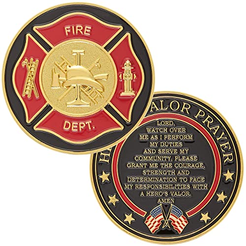 Hero's Valor Firefighter's Badge Challenge Coin – Single Coin with Protective Pouch, 1.75 Inches