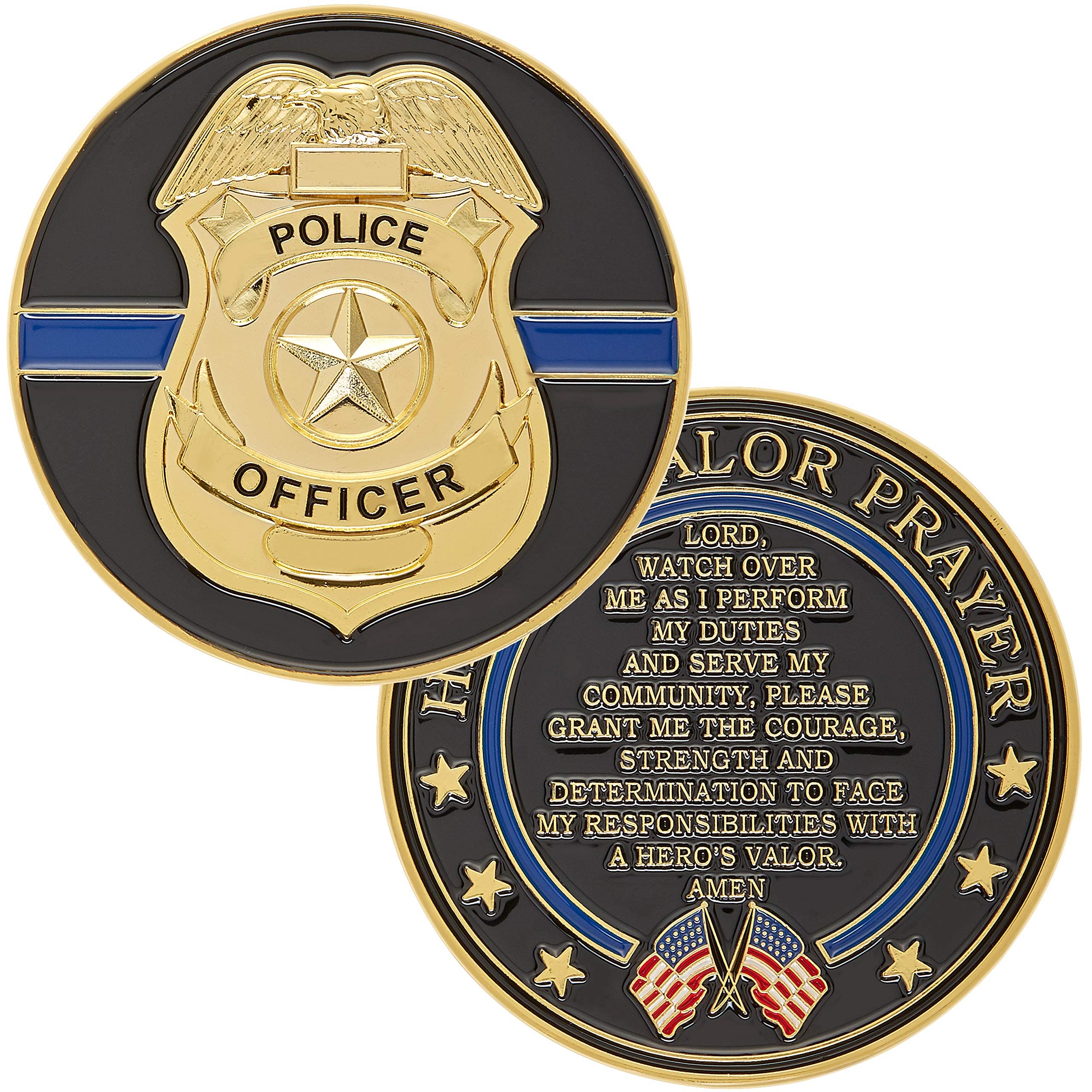 Hero's Valor Police Officer Badge Challenge Coin – Single Coin with Prayer and Thin Blue Line