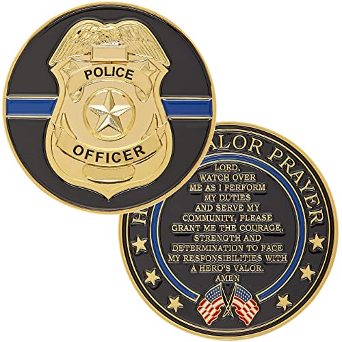 Hero's Valor Police Officer Badge Challenge Coin – Single Coin with Prayer and Thin Blue Line