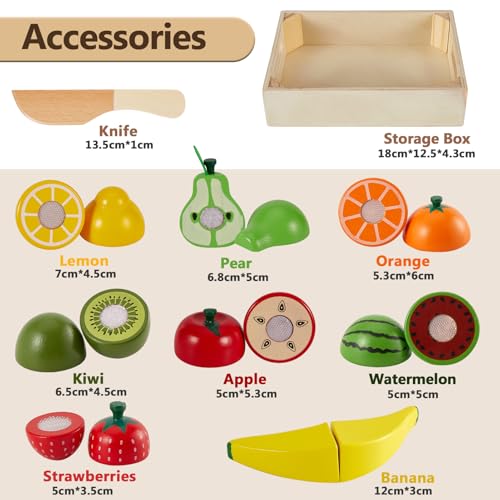 HERSITY Wooden Play Food Set - 8 Cutting Fruits Toy for Toddlers 18 Months+ Pretend Kitchen