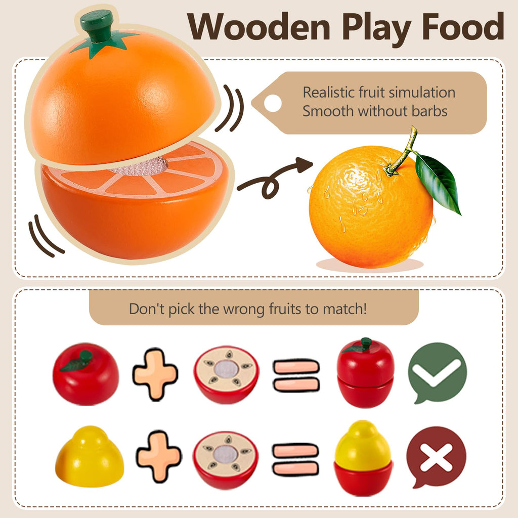 HERSITY Wooden Play Food Set - 8 Cutting Fruits Toy for Toddlers 18 Months+ Pretend Kitchen
