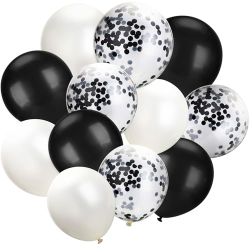 Hestya 100-Piece 12-Inch White & Black Latex Balloons with Confetti for Parties