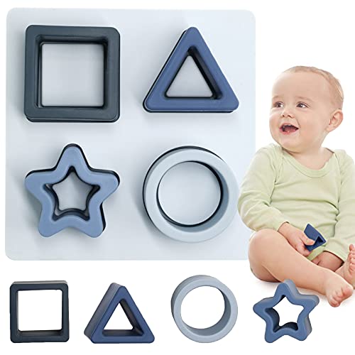 HETOMI Baby Stacking Blocks – Silicone Teething Toy & Shape Sorter Puzzle for 6 to 12 Months (Blue)