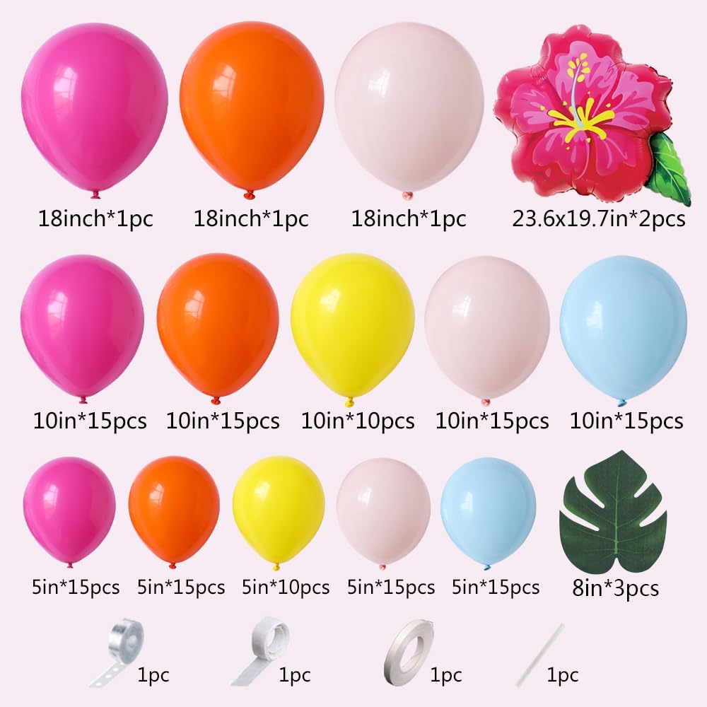 Heukikt 152-Piece Tropical Party Balloon Garland Arch Kit – Hot Pink, Orange, Macaron Pink & Blue with Hibiscus Foil Balloons for Luau or Hawaii Themed Celebrations