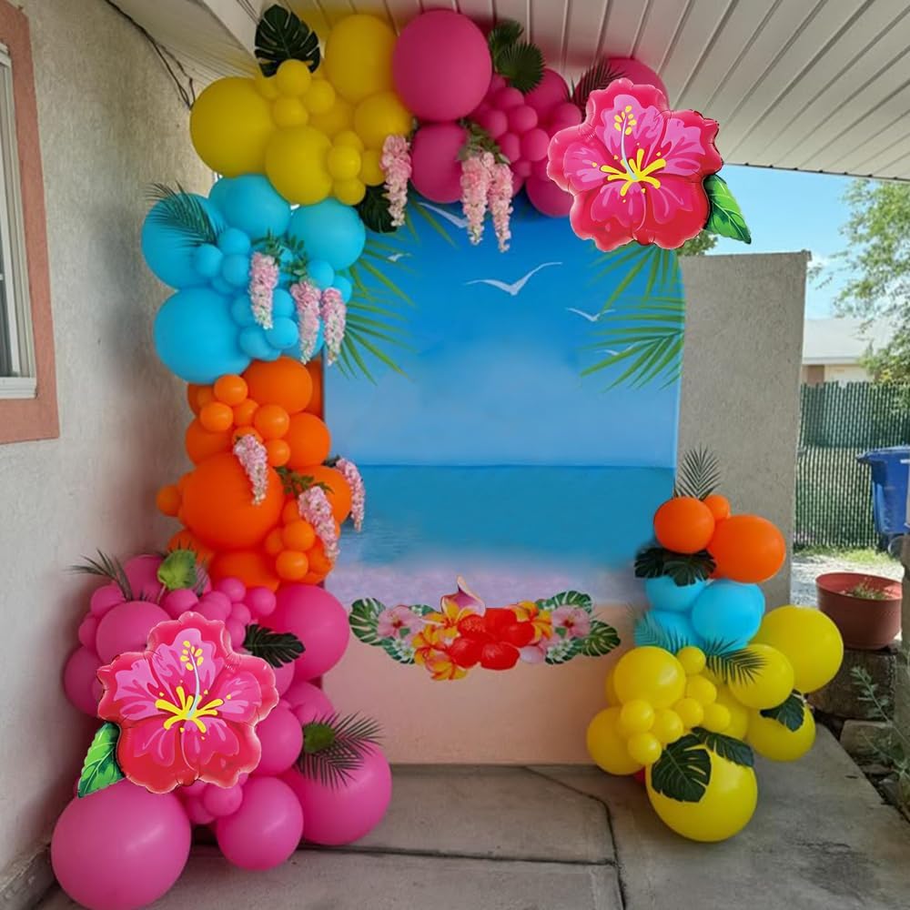 Heukikt 152-Piece Tropical Party Balloon Garland Arch Kit – Hot Pink, Orange, Macaron Pink & Blue with Hibiscus Foil Balloons for Luau or Hawaii Themed Celebrations