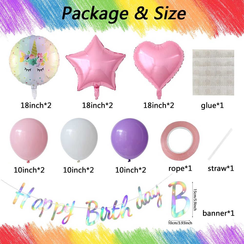 Heukikt Unicorn 5th Birthday Balloon Set – 12-Pack Pink Purple White with Number 5 and Heart Star Balloons