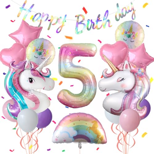Heukikt Unicorn 5th Birthday Balloon Set – 12-Pack Pink Purple White with Number 5 and Heart Star Balloons