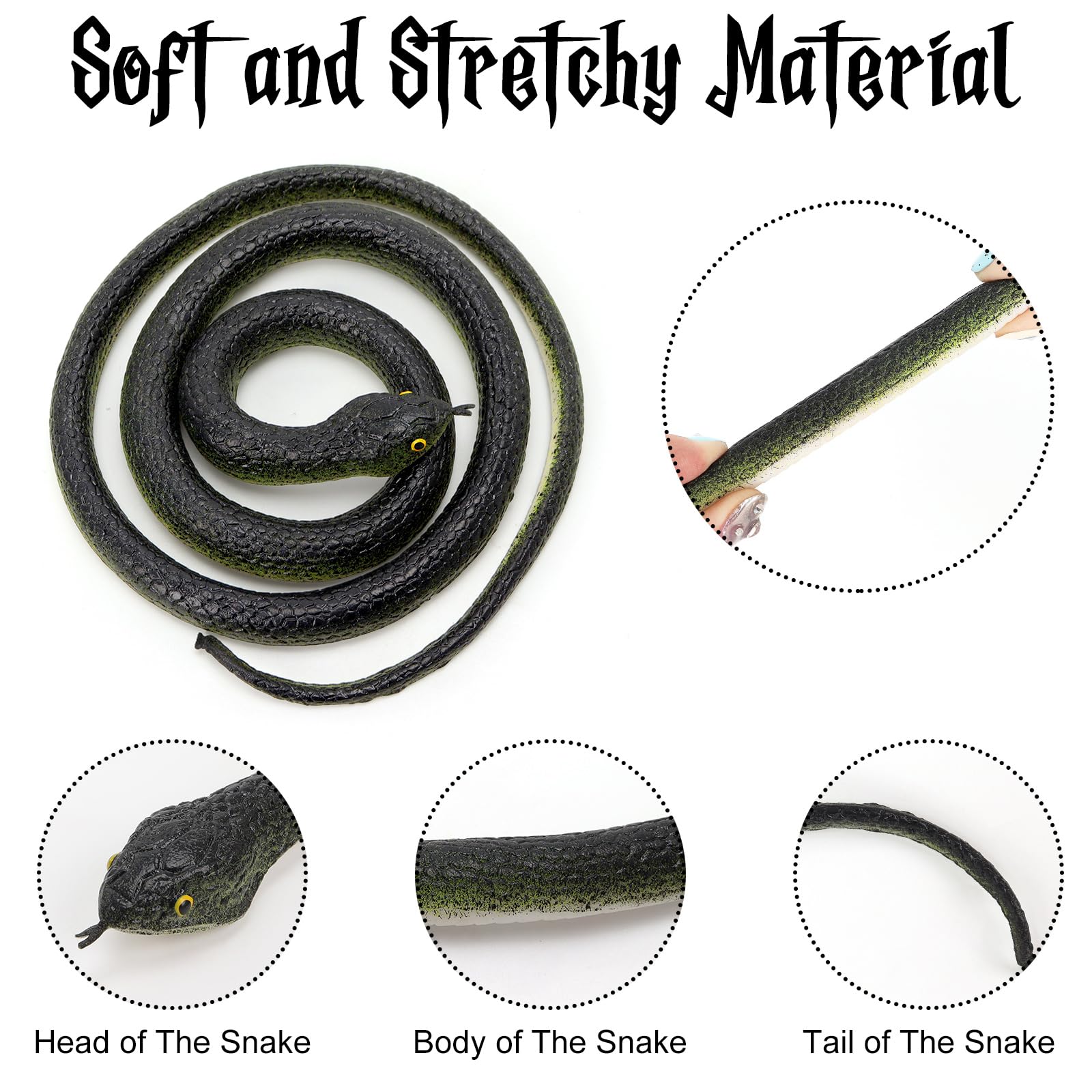 HFATMOS 4 Pack Realistic Rubber Snakes – 31.5in Black and Blue Prank Props for Parties and Garden