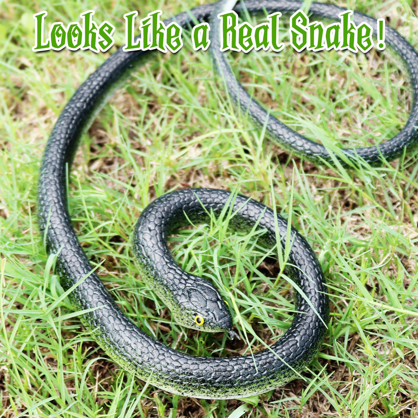 HFATMOS 4 Pack Realistic Rubber Snakes – 31.5in Black and Blue Prank Props for Parties and Garden