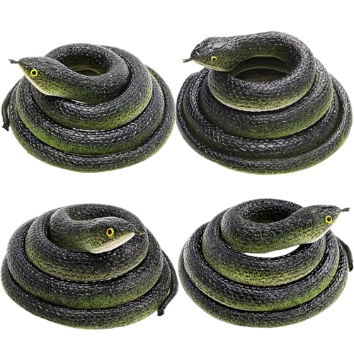 HFATMOS 4 Pack Realistic Rubber Snakes – 31.5in Black and Blue Prank Props for Parties and Garden