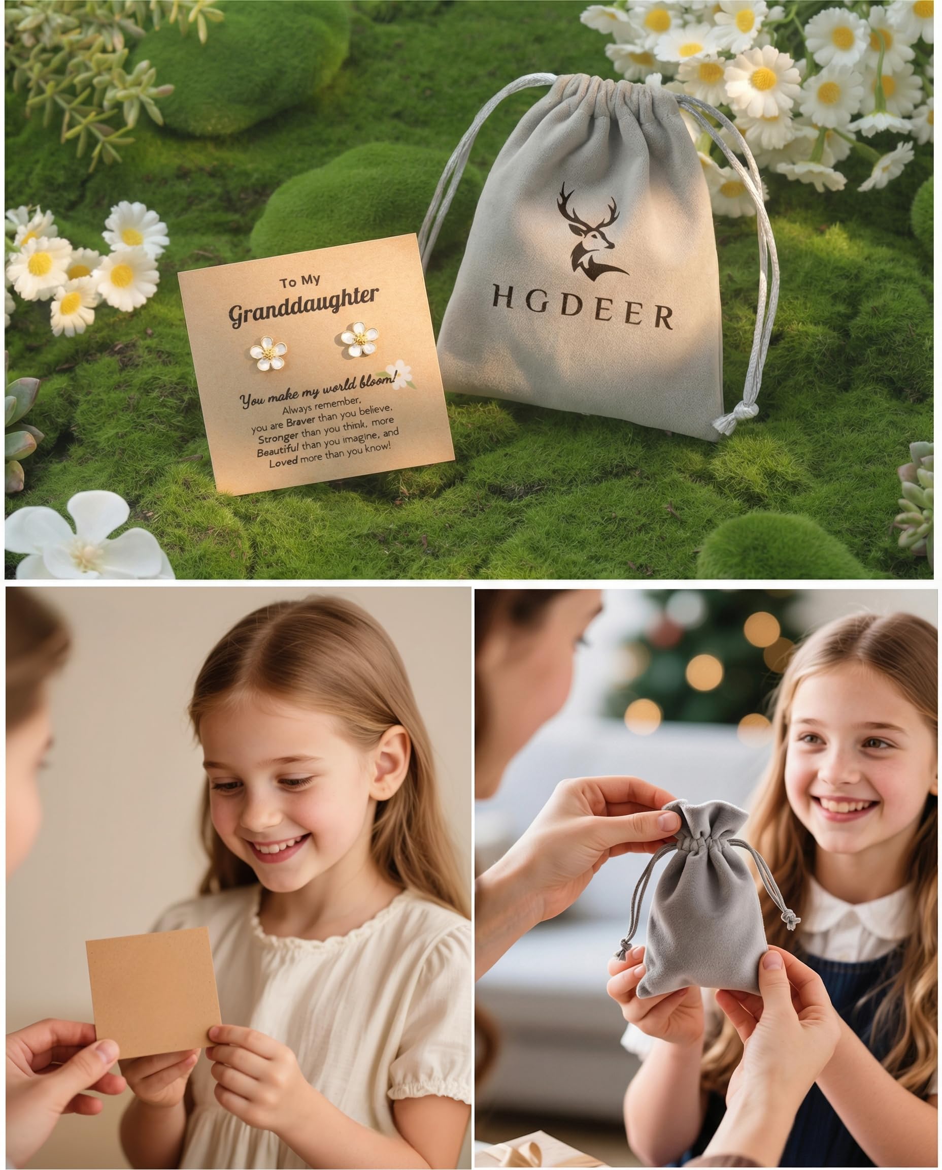 HGDEER Hypoallergenic Flower Daisy Earrings for Girls - Gold or Silver Plated Cubic Zirconia Studs with Quote Card & Gift Pouch