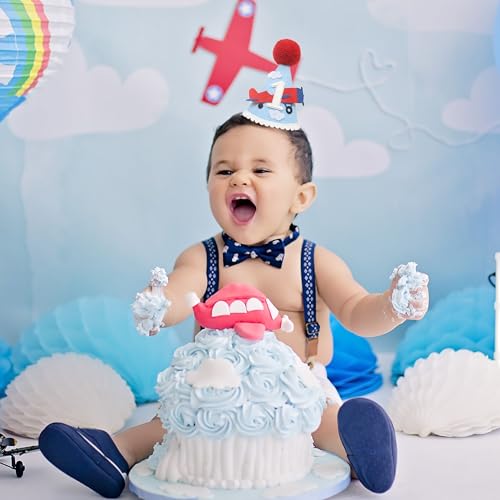 HGFC Airplane 1st Birthday Party Hat & Cake Topper Set – Handmade Aviation Decor