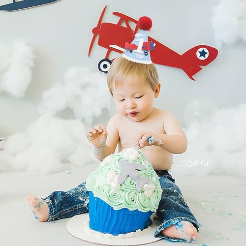 HGFC Airplane 1st Birthday Party Hat & Cake Topper Set – Handmade Aviation Decor