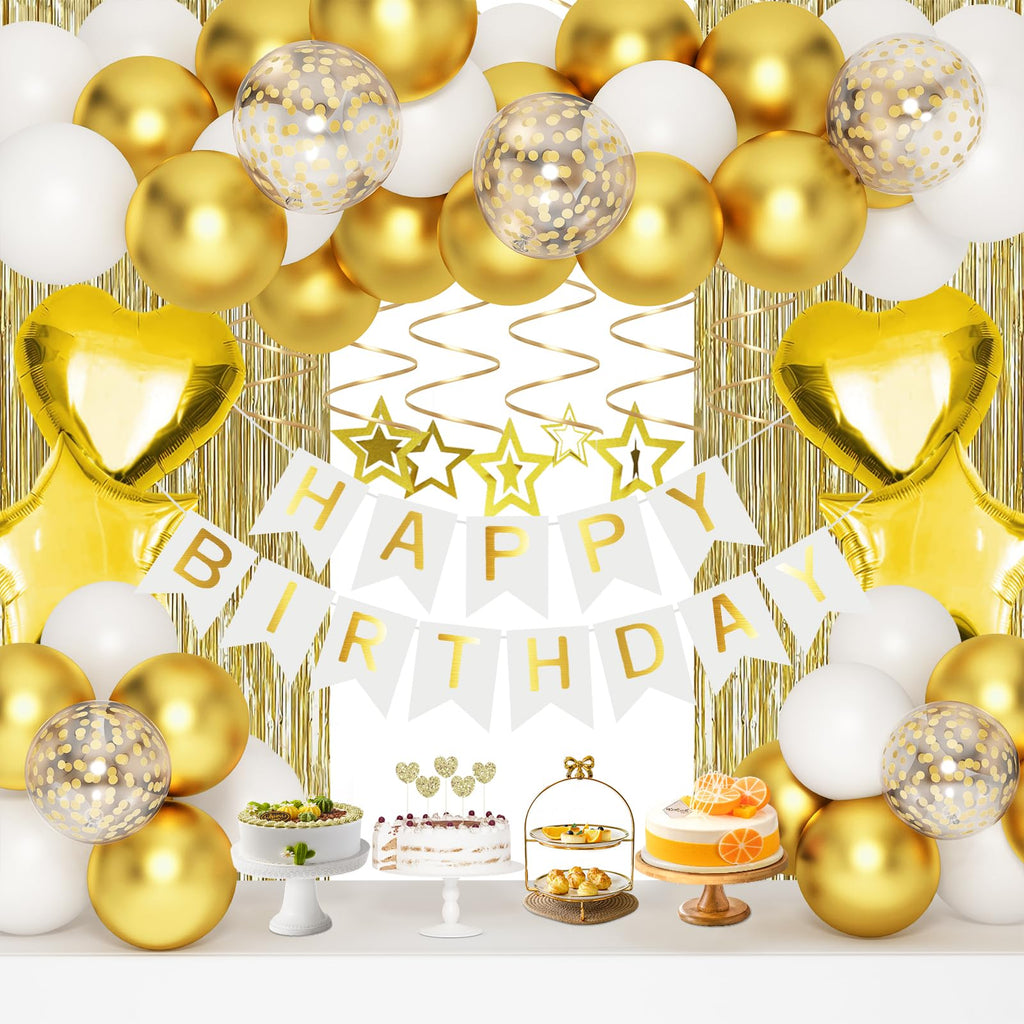 HGH White Gold Birthday Decorations Set – 50+ Pieces Including Fringe Curtains, Balloons, Banner & Garland