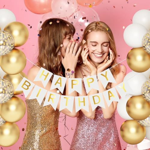 HGH White Gold Birthday Decorations Set – 50+ Pieces Including Fringe Curtains, Balloons, Banner & Garland