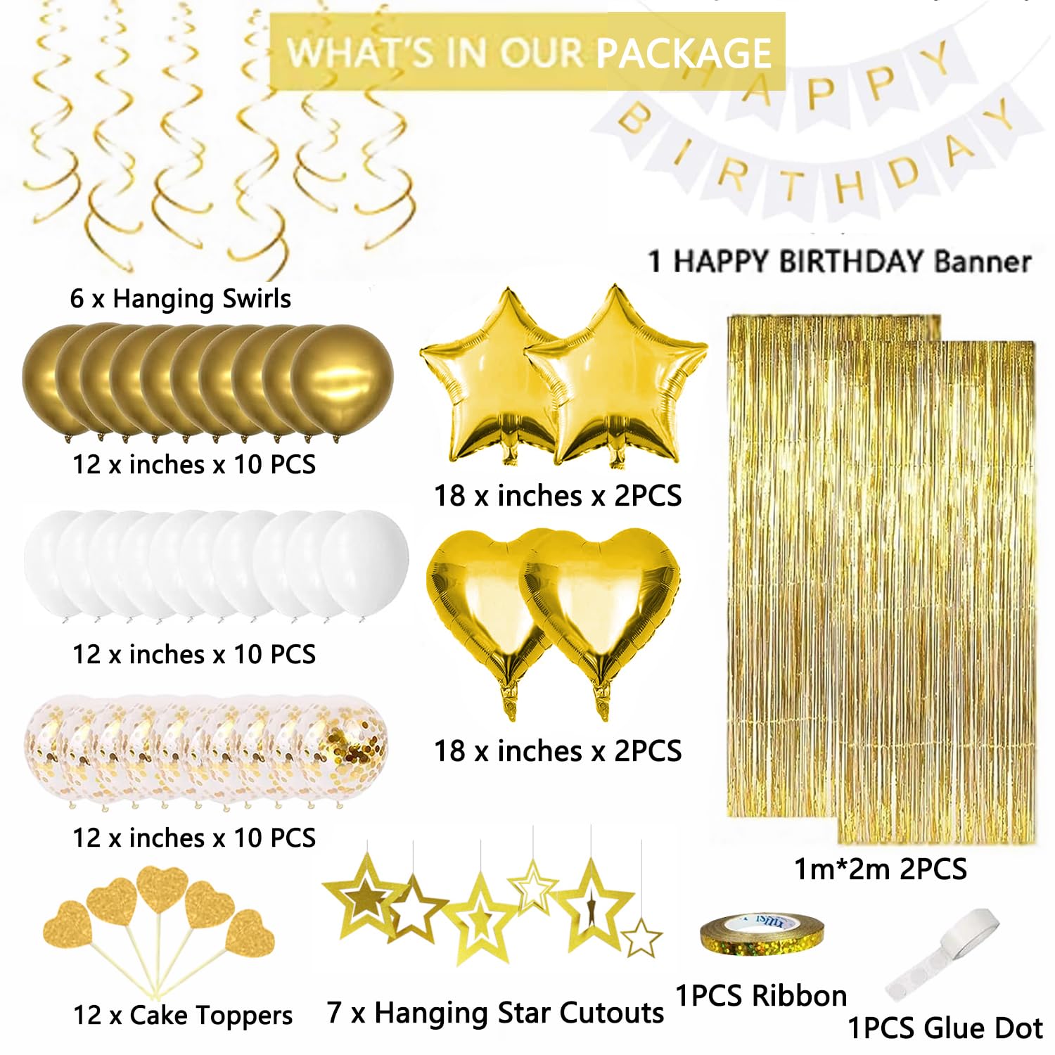 HGH White Gold Birthday Decorations Set – 50+ Pieces Including Fringe Curtains, Balloons, Banner & Garland