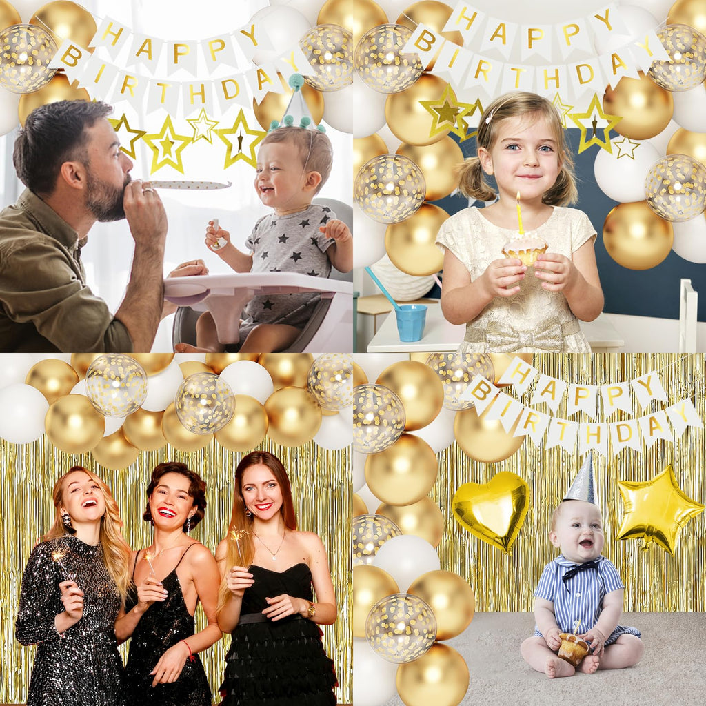 HGH White Gold Birthday Decorations Set – 50+ Pieces Including Fringe Curtains, Balloons, Banner & Garland