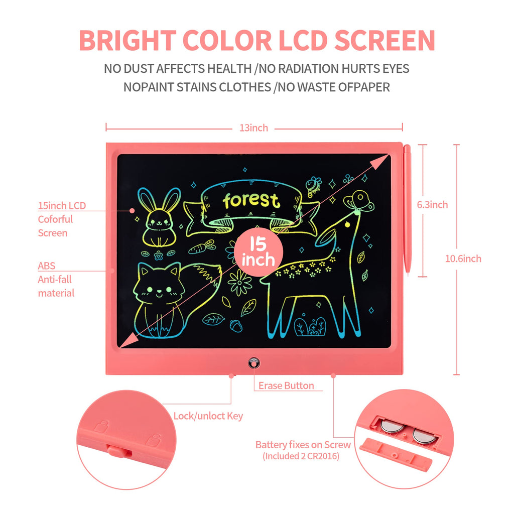 HHN 15 Inch LCD Writing Tablet for Kids - Pink Erasable Doodle Board with Lock Function, Pressure-Sensitive Screen