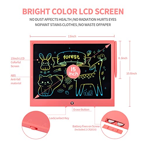 HHN 15 Inch LCD Writing Tablet for Kids - Pink Erasable Doodle Board with Lock Function, Pressure-Sensitive Screen