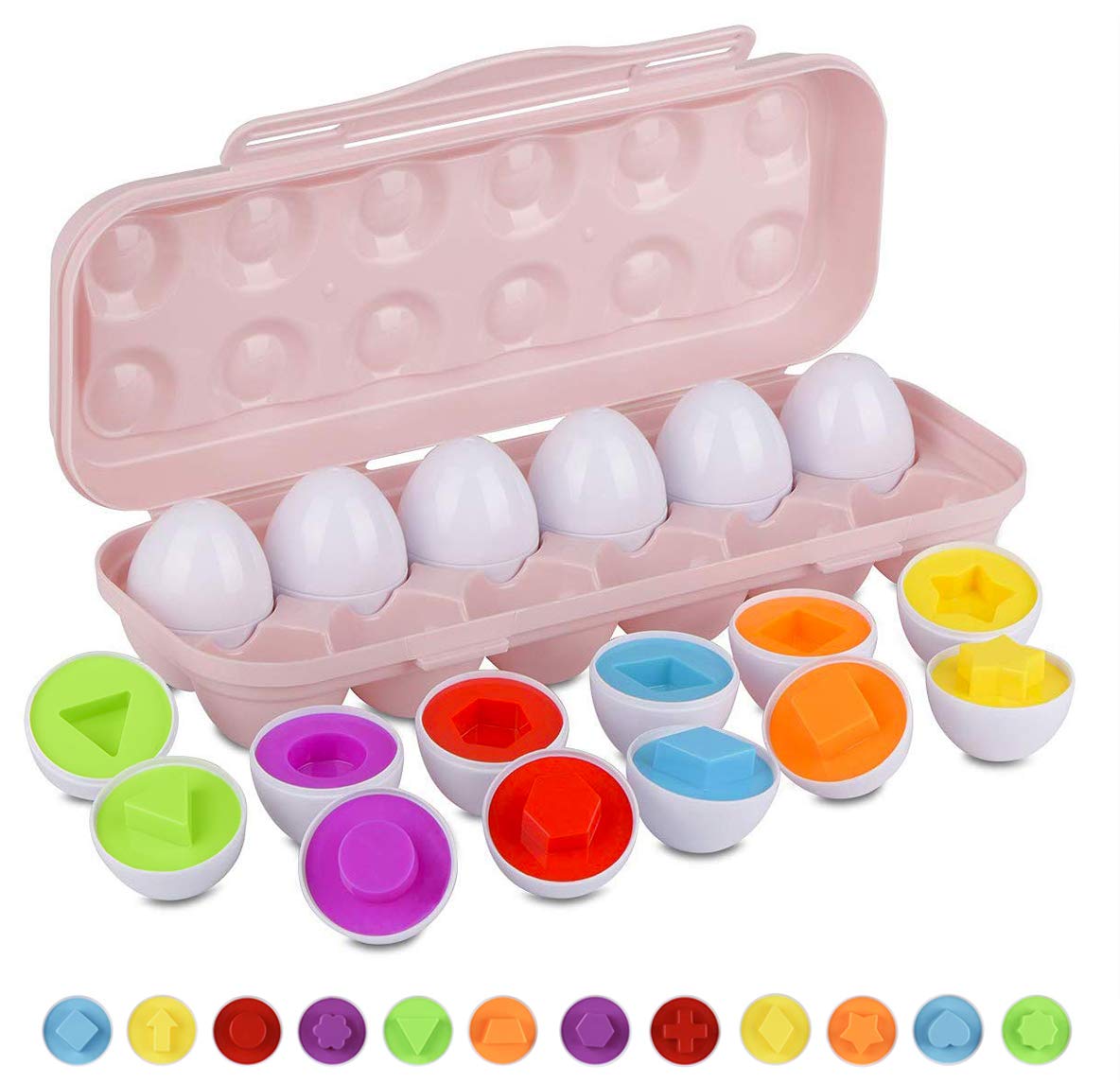 Hhyn 12-Piece Color & Shape Matching Eggs Set with Pink Storage Case – Toddler Learning Toy