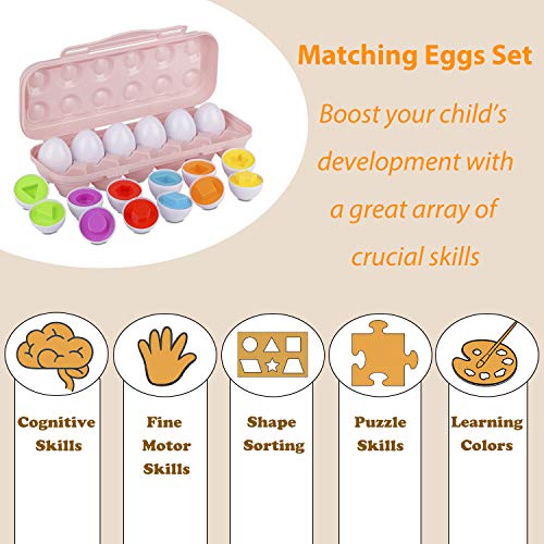 Hhyn 12-Piece Color & Shape Matching Eggs Set with Pink Storage Case – Toddler Learning Toy