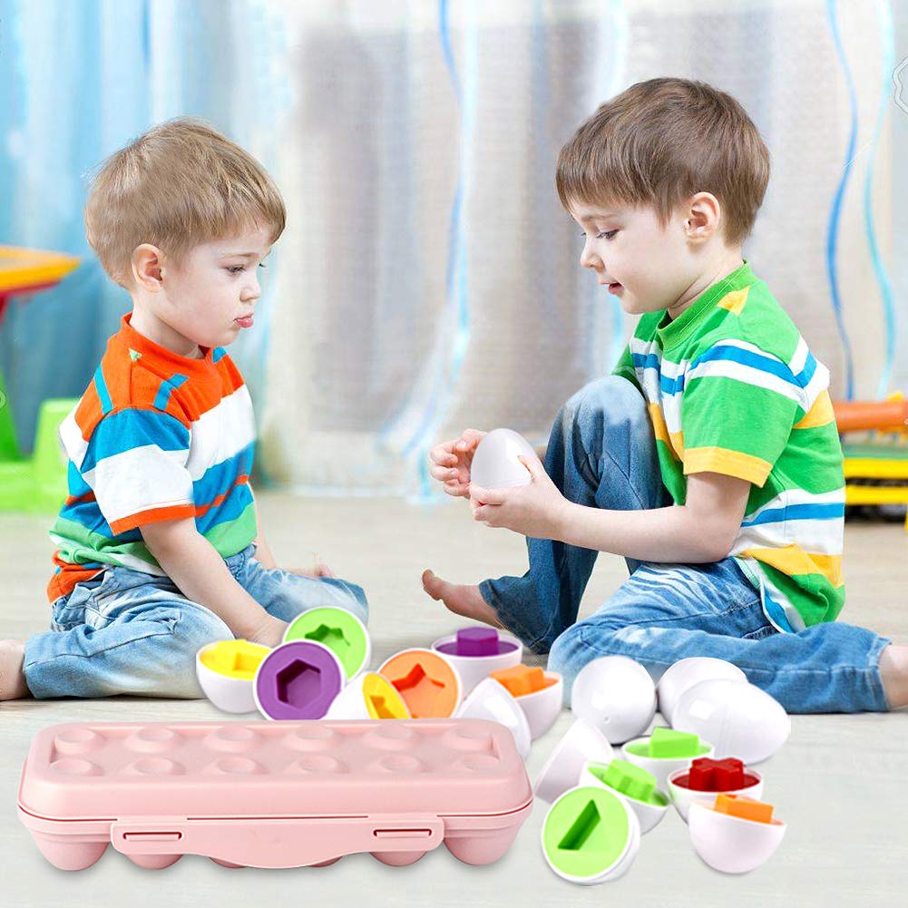 Hhyn 12-Piece Color & Shape Matching Eggs Set with Pink Storage Case – Toddler Learning Toy