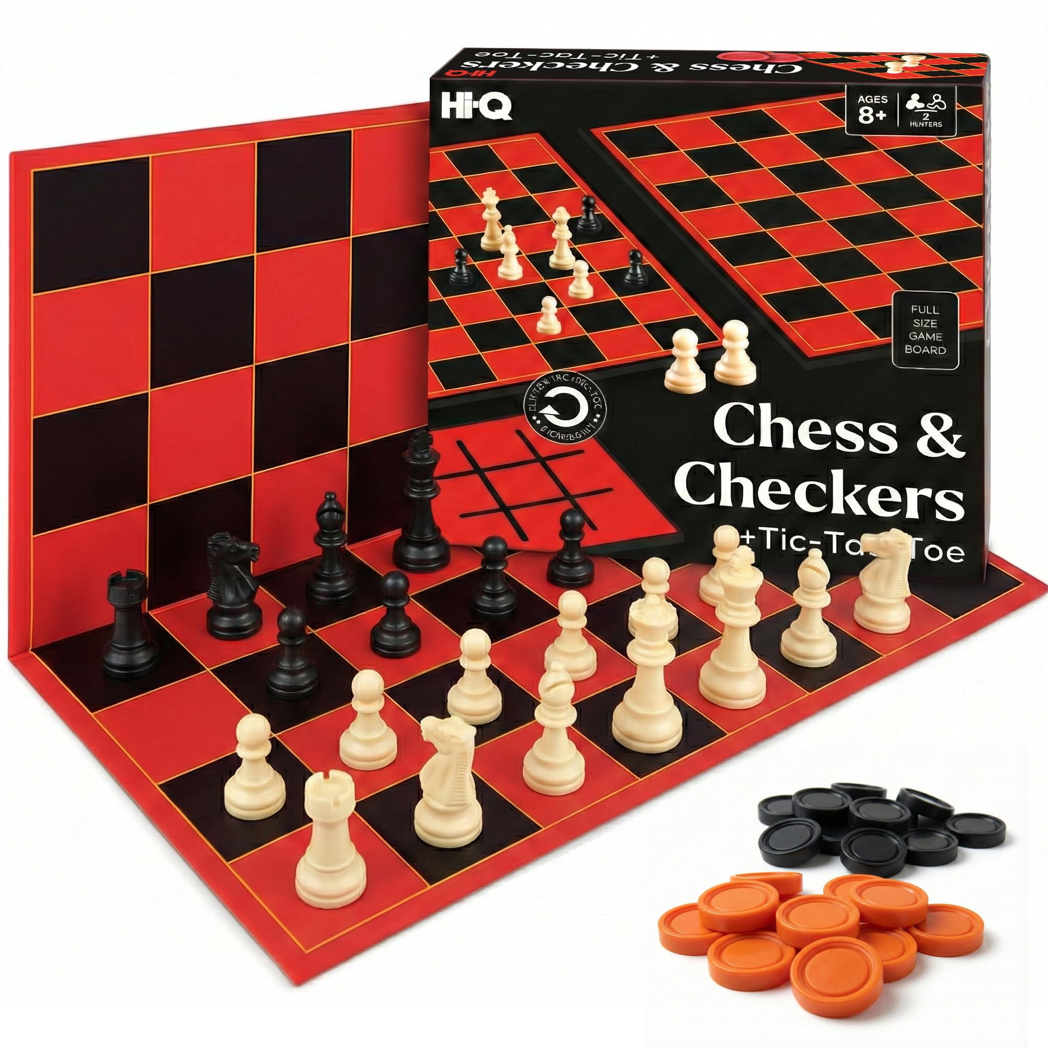 Hi-Q 3-in-1 Chess, Checkers & Tic-Tac-Toe Set – Double-Sided Folding Board with Interlocking Checkers