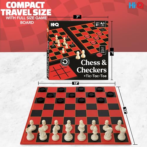 Hi-Q 3-in-1 Chess, Checkers & Tic-Tac-Toe Set – Double-Sided Folding Board with Interlocking Checkers