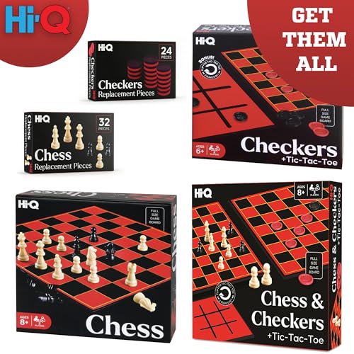 Hi-Q 3-in-1 Chess, Checkers & Tic-Tac-Toe Set – Double-Sided Folding Board with Interlocking Checkers