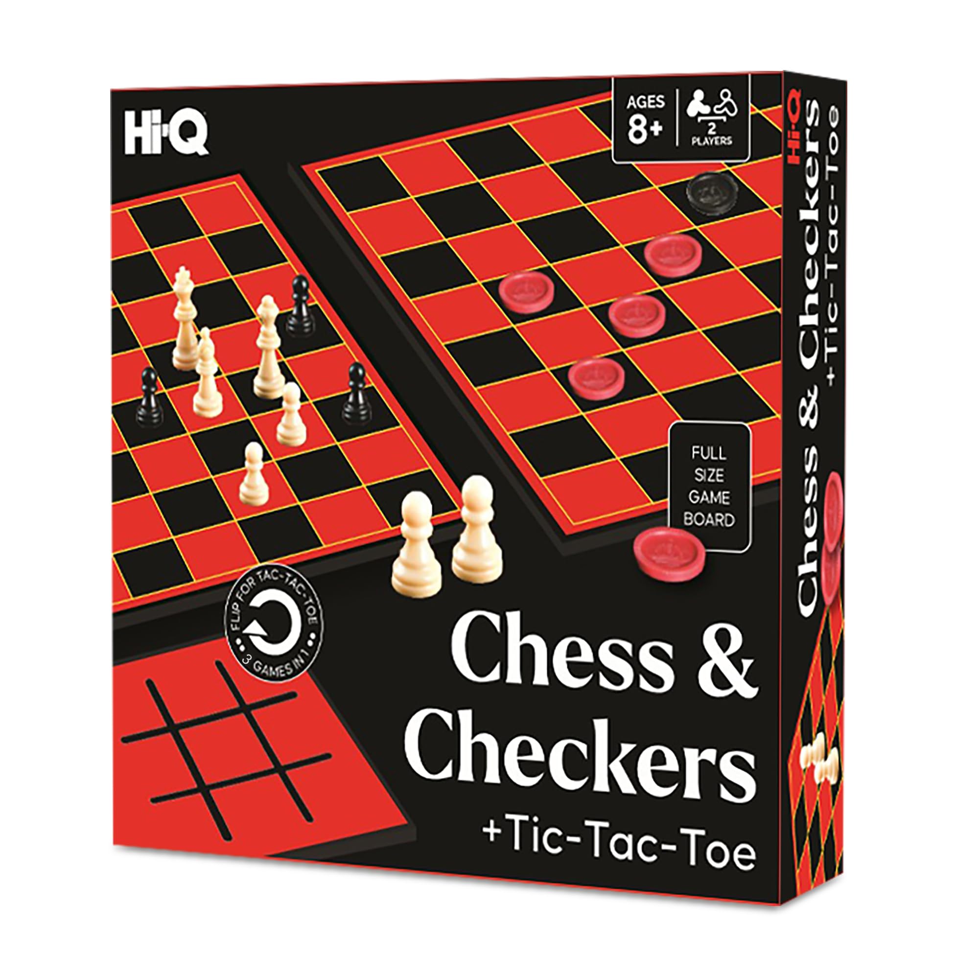 Hi-Q 3-in-1 Chess, Checkers & Tic-Tac-Toe Set – Double-Sided Folding Board with Interlocking Checkers