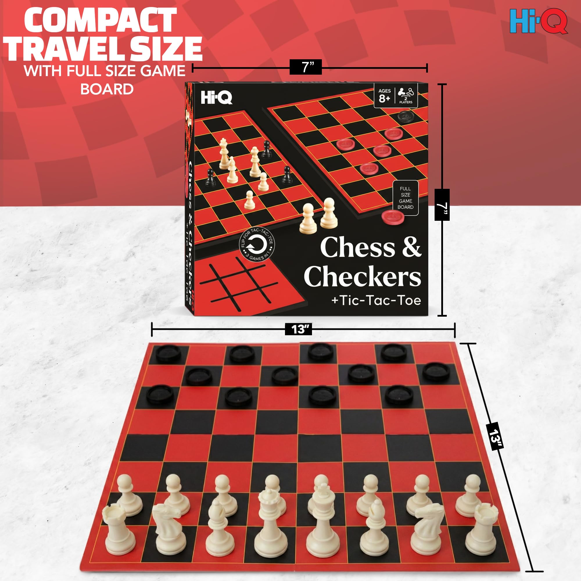 Hi-Q 3-in-1 Chess, Checkers & Tic-Tac-Toe Set – Double-Sided Folding Board with Interlocking Checkers