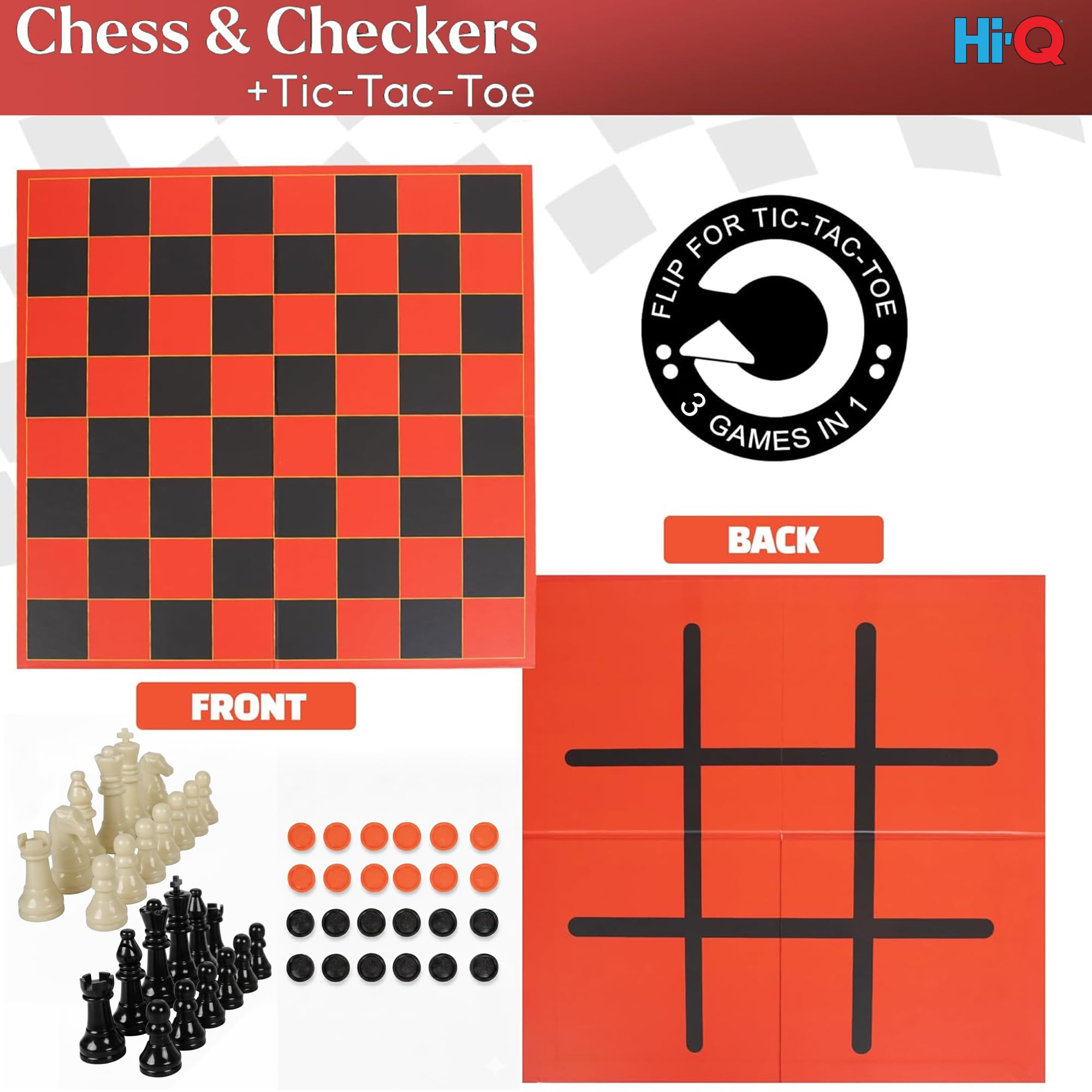 Hi-Q 3-in-1 Chess, Checkers & Tic-Tac-Toe Set – Double-Sided Folding Board with Interlocking Checkers