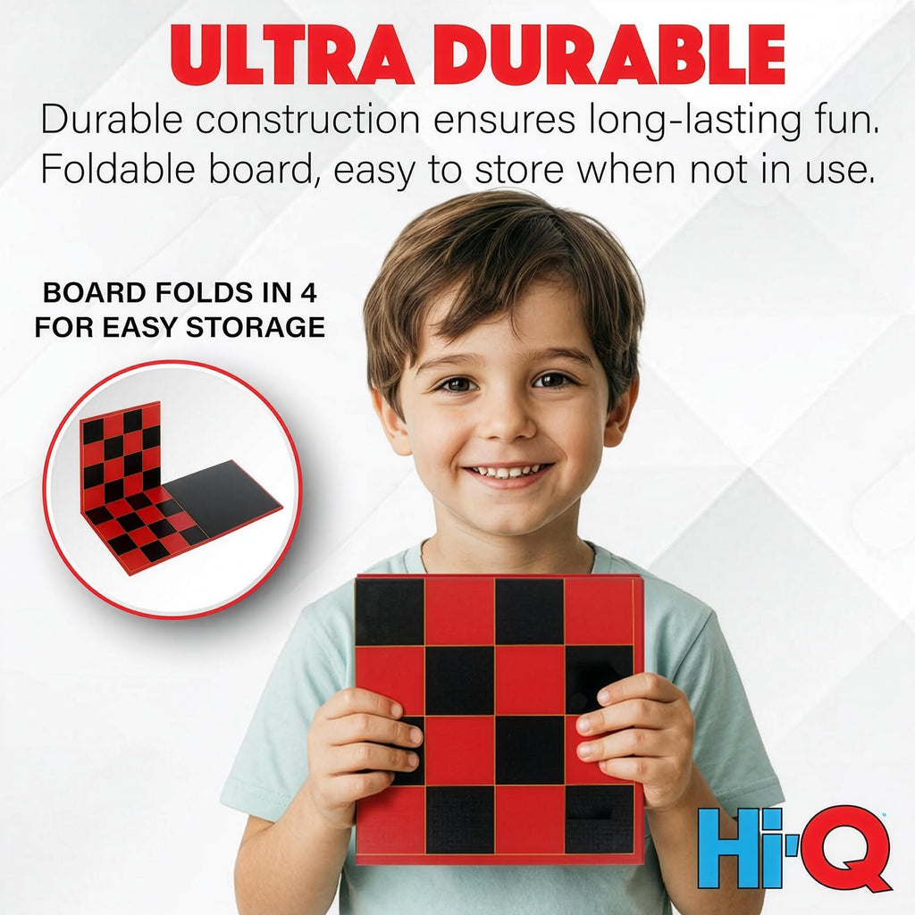 Hi-Q 3-in-1 Chess, Checkers & Tic-Tac-Toe Set – Double-Sided Folding Board with Interlocking Checkers