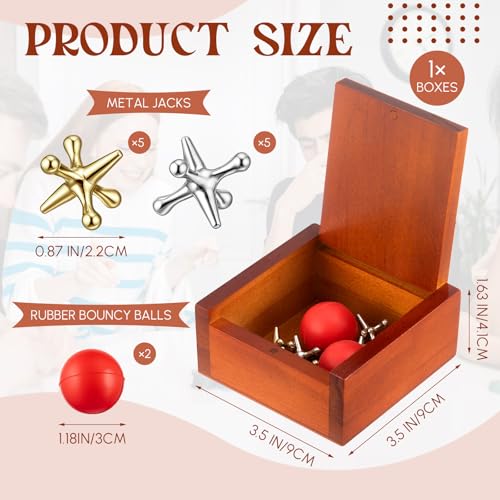 Hiboom Metal Jacks Game with 20 Jacks & 4 Balls - Vintage Floor Game in Wooden Keepsake Box