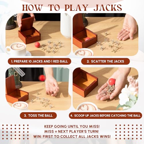 Hiboom Metal Jacks Game with 20 Jacks & 4 Balls - Vintage Floor Game in Wooden Keepsake Box